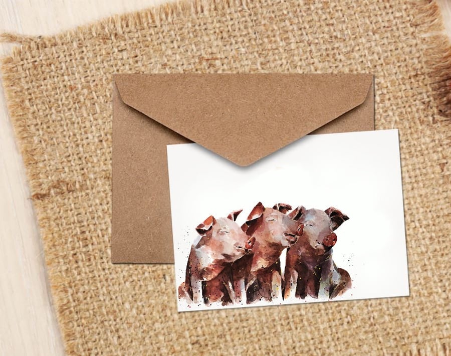 Three Lil Pigs Watercolour Art NoteGreeting Card - Pigs Greeting card,Piglets No