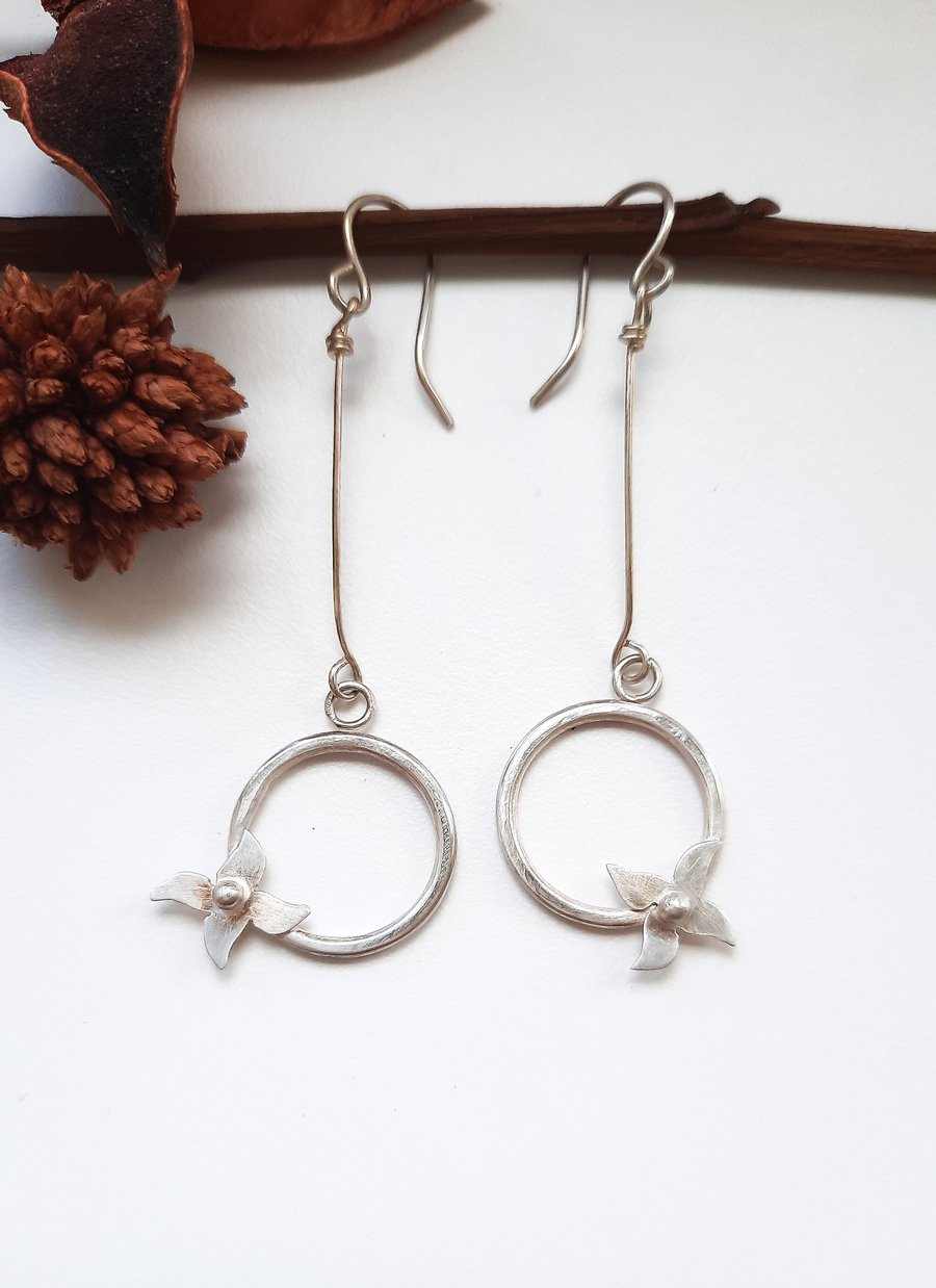 Fine Silver Flowers on Silver Circles Dangly Earrings