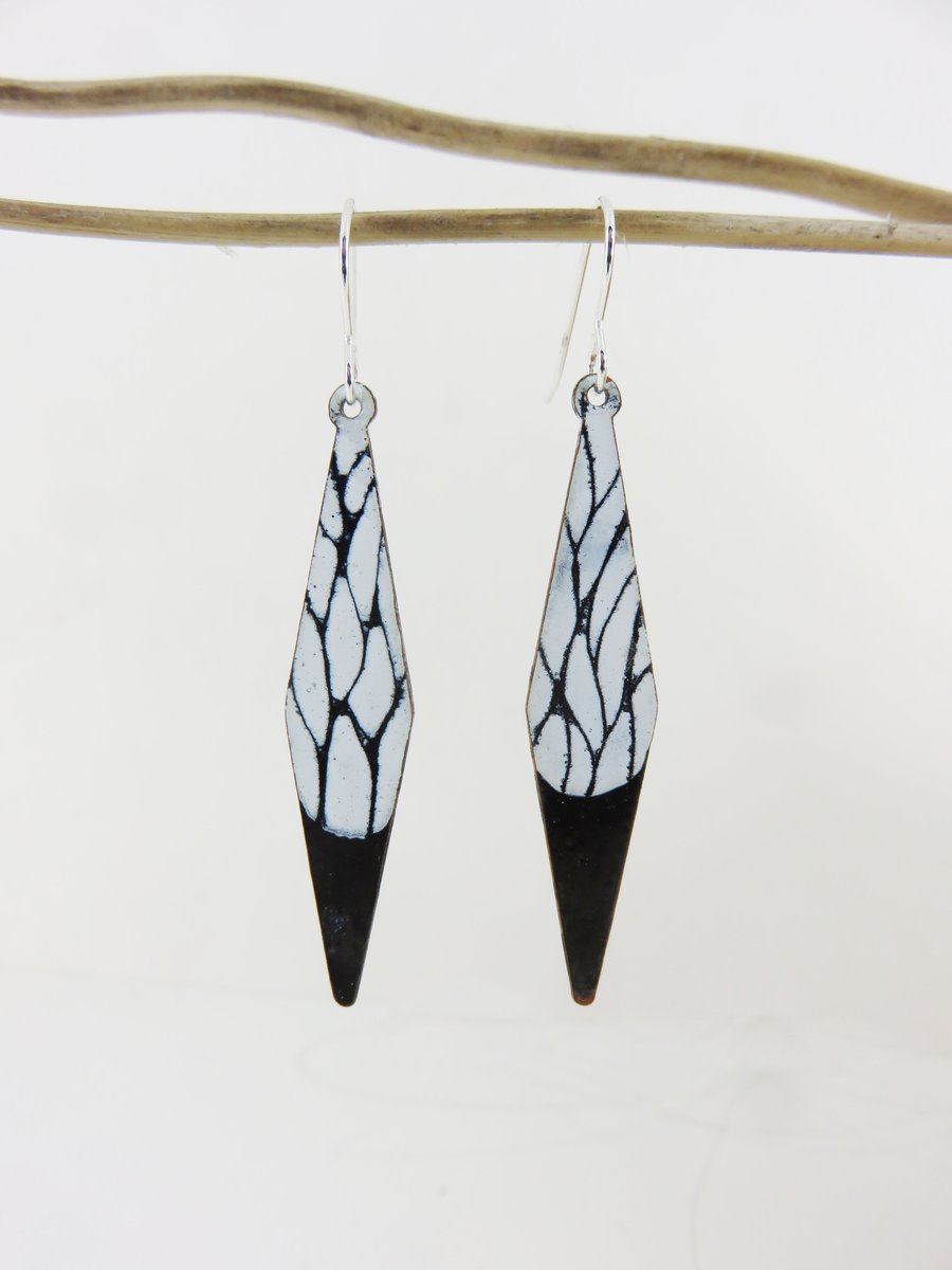 Black and White Diamond Dangle Copper Enamel Earrings with Hand Drawn Detail