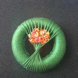 Vintage Style Dorset Button Posy Brooch, Jade Green with Tropical Flowers