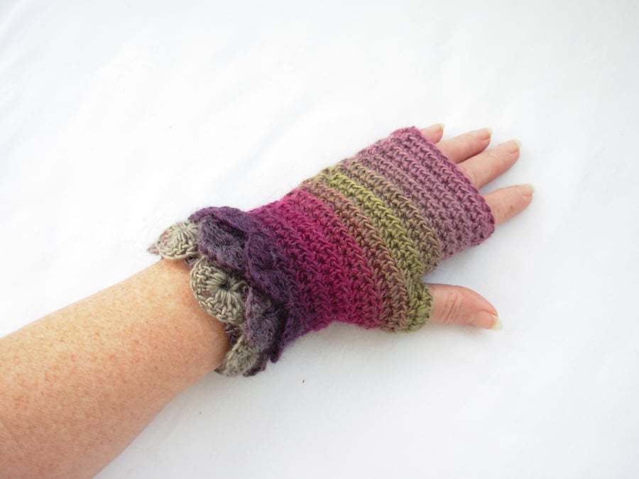 Crochet Fingerless Mitts Crocodile Stitch Cuffs Green Pink Purple Adults