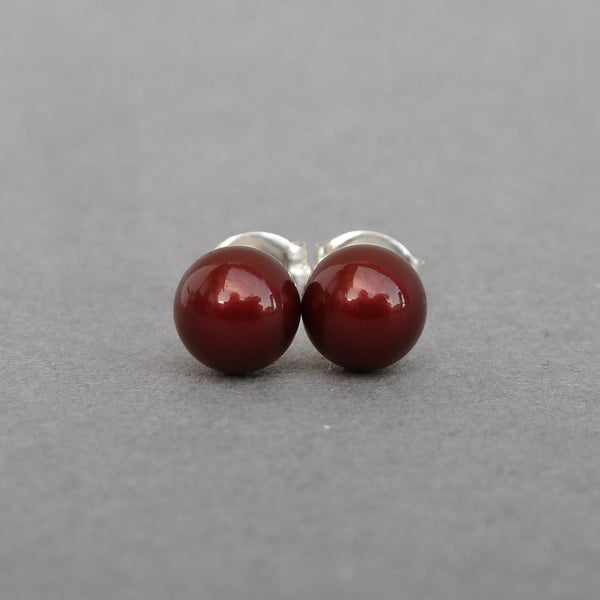 Round 6mm Burgundy Pearl Stud Earrings - Brick Red Coloured Glass Pearl Studs