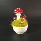 Toadstools on Moss. Needle Felted with Wool Fibres. Mounted in Wooden Bowl.
