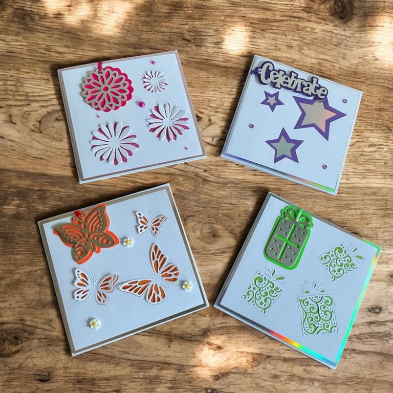 Handmade Greeting Card Set of 4. Mixed Occasion Cards with Metal Tags. 
