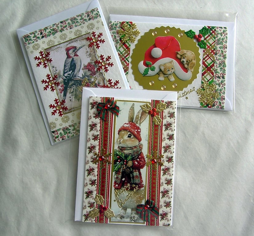 Set of 3 (Three) Beautiful Hand-Crafted Christmas Decoupage Greeting Cards (s)