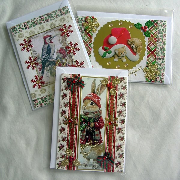 Set of 3 (Three) Beautiful Hand-Crafted Christmas Decoupage Greeting Cards (s)
