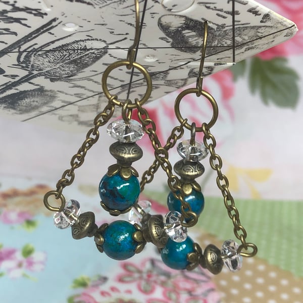 Chrysocola and clear glass bronze chandelier earrings