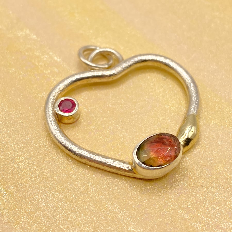 Watermelon Tourmaline Silver and Solid Gold Drip Heart Pendant 