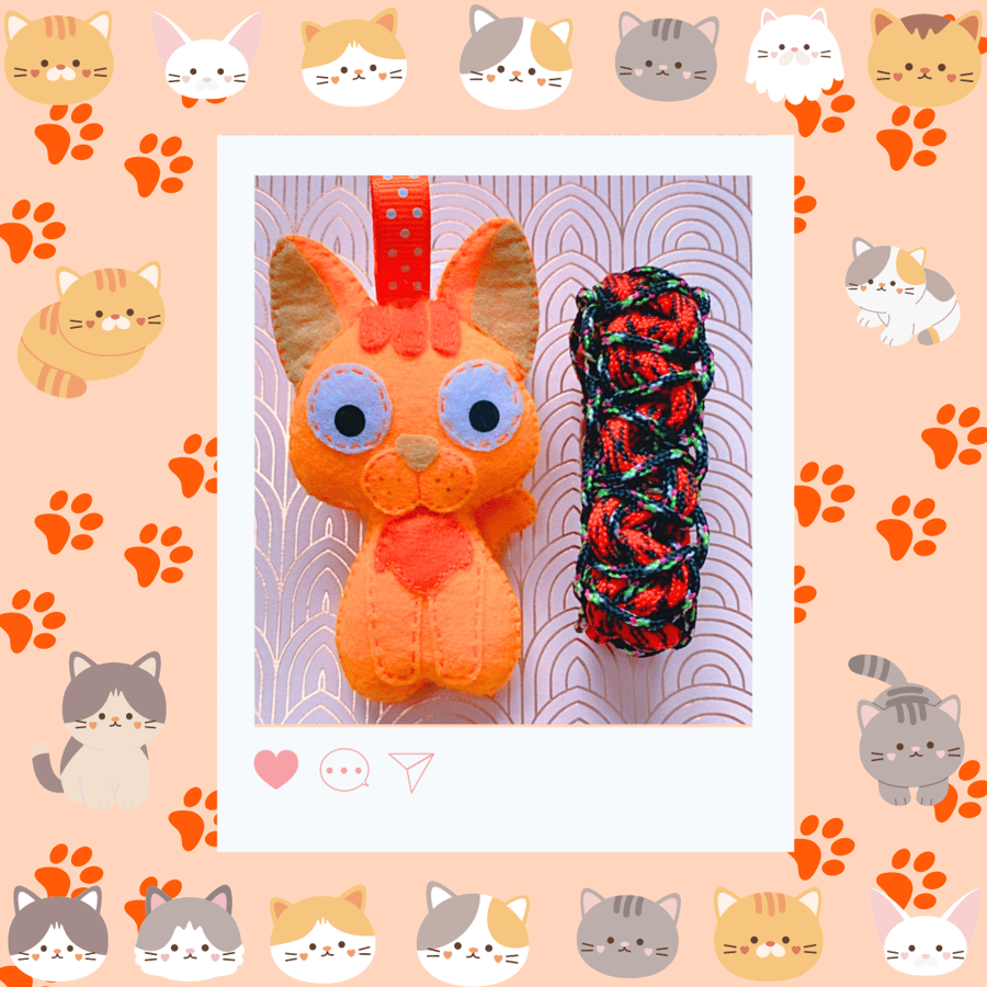 Felt Cat Orange - Cat Keychain with Children's Bracelet. Free Delivery UK