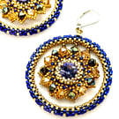 Royal Blue & Gold Beaded Hoop Earrings with Sun Design