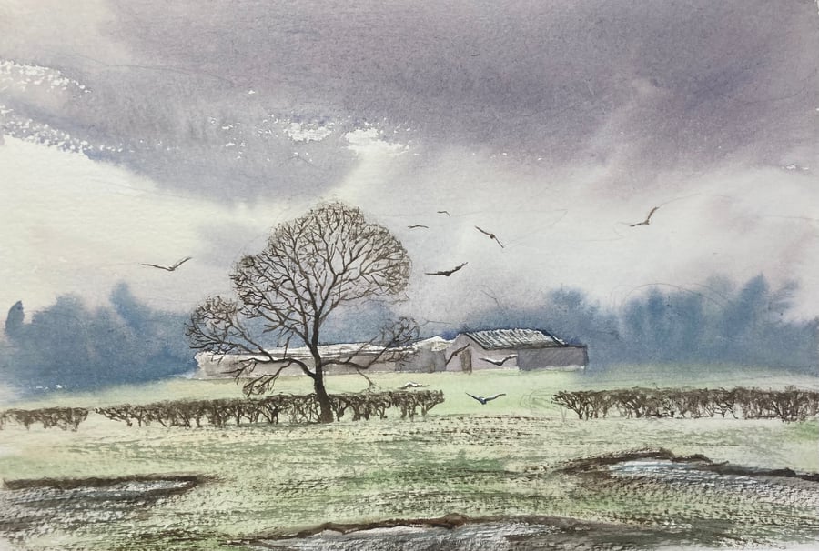 Easby fields winter (Pure Original Watercolour)