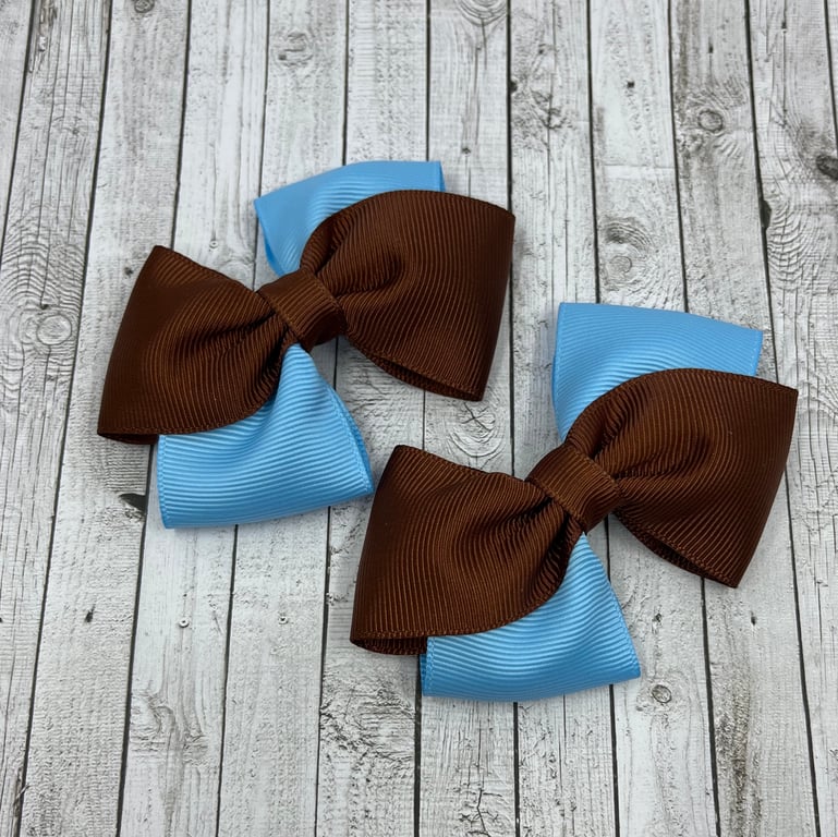 Brown and Light Blue Diagonal Double with Bows on Clips (pair)
