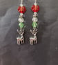 Beaded red and green Christmas dangle earrings  with silver stag charms  - Image 4