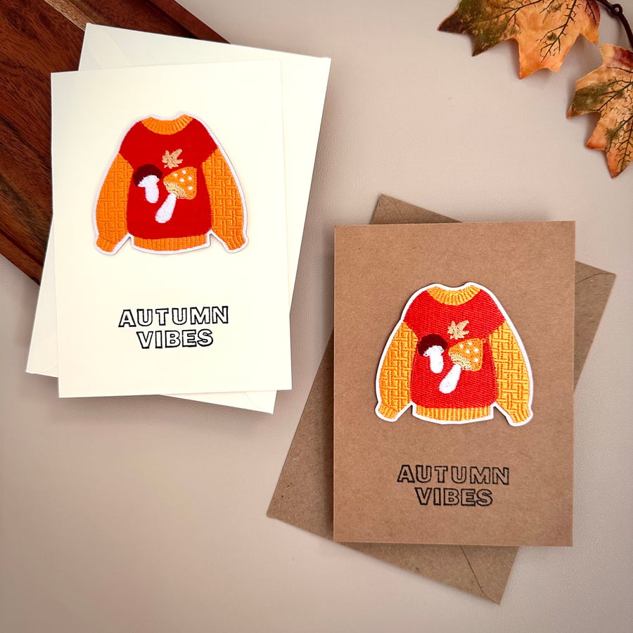Embroidered Autumn sweater greeting card Thanksgiving seasonal wishes for family