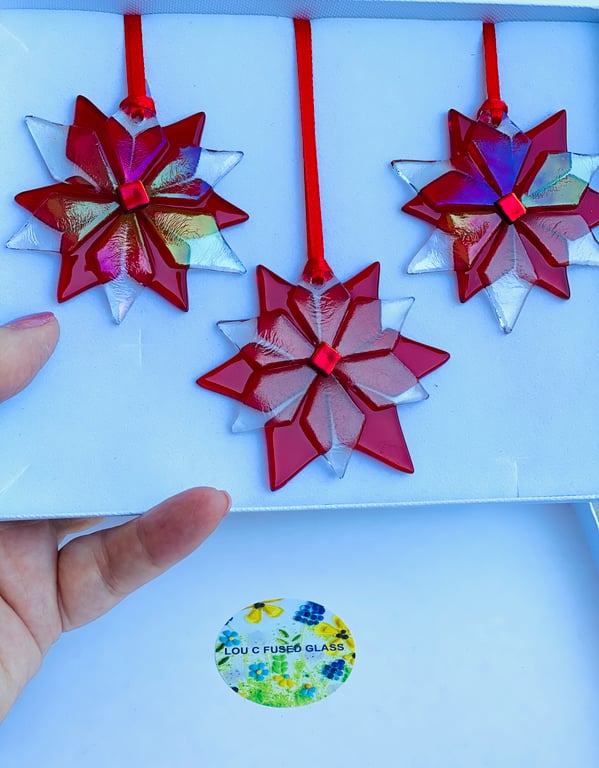 Trio of fused glass red irridescent star hanging decorations