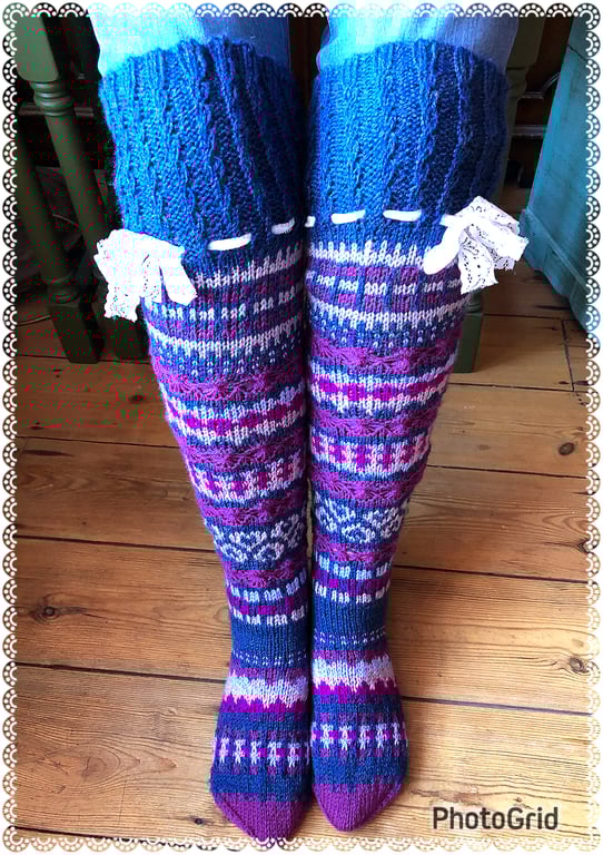 Hand knitted over the knee Fairisle socks. 