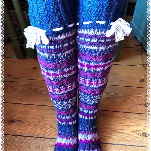 Hand knitted over the knee Fairisle socks. 
