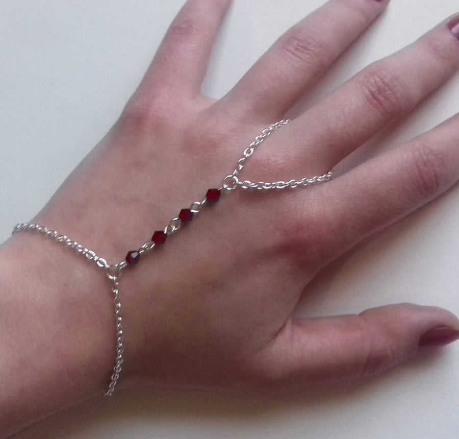 Red Crystal Bead Hand Chain Silver Plate Bracelet 