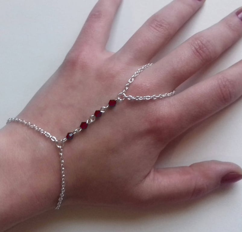 Red Crystal Bead Hand Chain Silver Plate Bracelet 