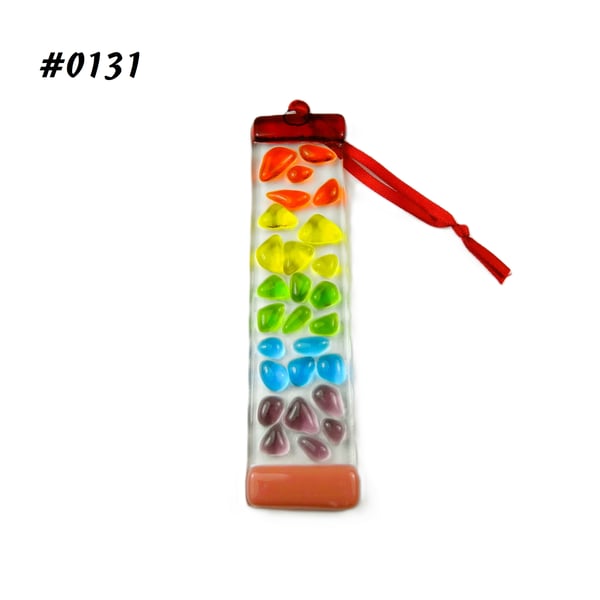 Rainbow mosaic patterned handcrafted fused glass suncatcher, 12x3cm (0131)