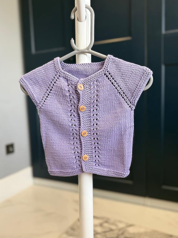 Hand-Knitted Baby Vest with Eyelet Panels – Soft Lavender Purple (6-9m)