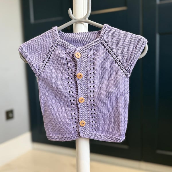 Hand-Knitted Baby Vest with Eyelet Panels – Soft Lavender Purple (6-9m)