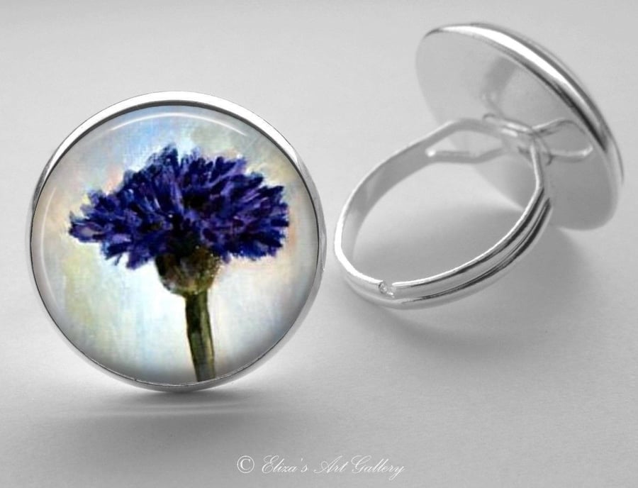 Silver Plated Cornflower Art Glass Cabochon Ring