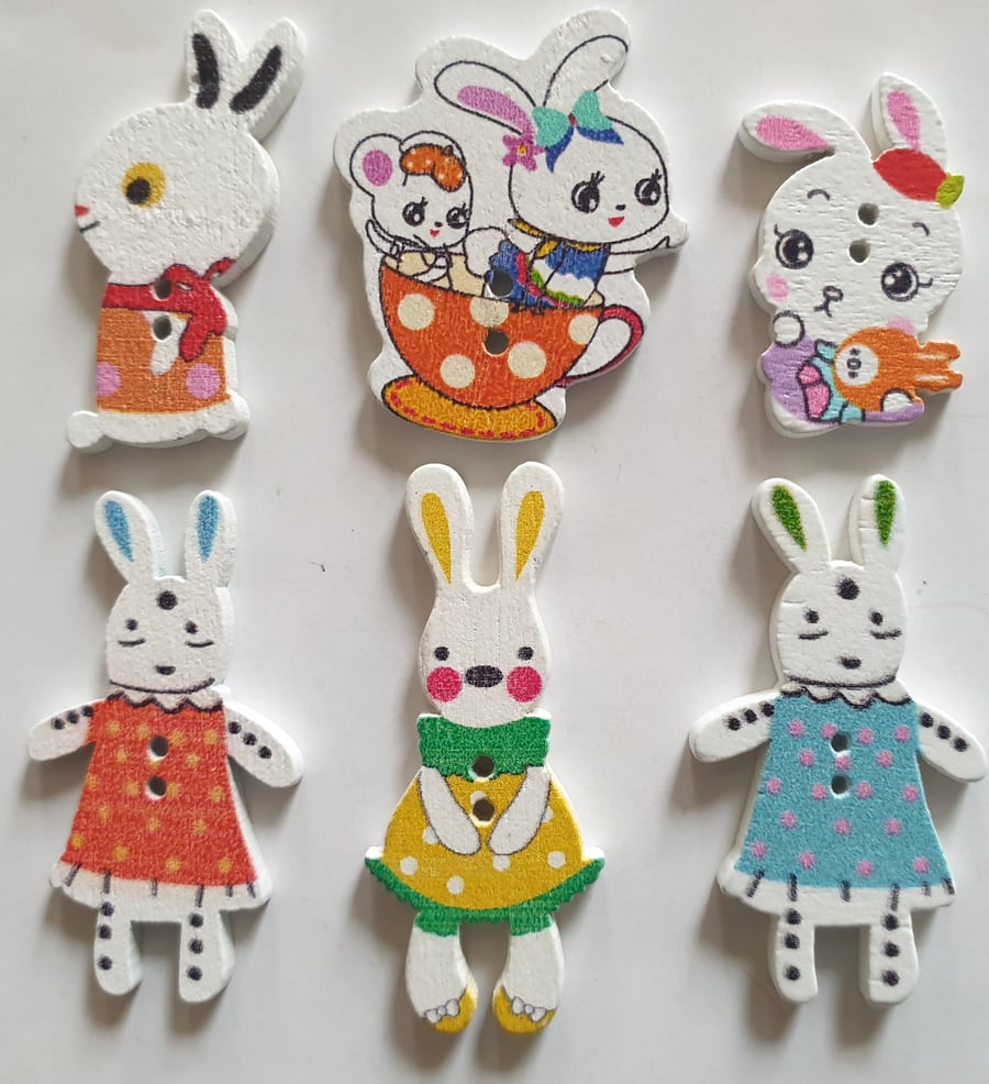 RABBIT Theme Wooden Buttons - Pack of 6 - Approx 3cms x 2cms - Colours Will Vary