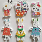 RABBIT Theme Wooden Buttons - Pack of 6 - Approx 3cms x 2cms - Colours Will Vary