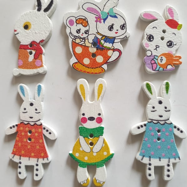 RABBIT Theme Wooden Buttons - Pack of 6 - Approx 3cms x 2cms - Colours Will Vary
