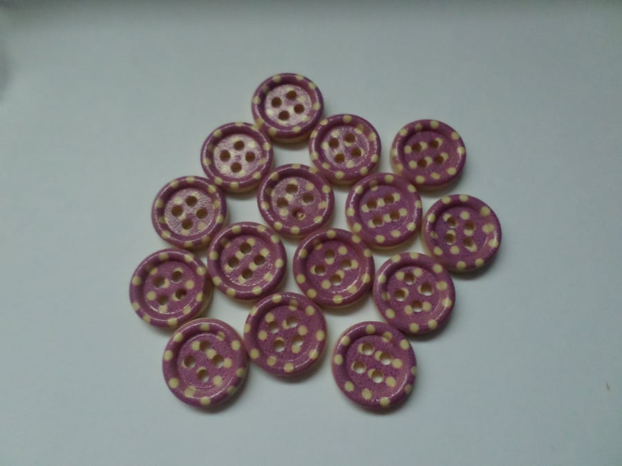 15 x 4-Hole Printed Wooden Buttons - Round - 15mm - Polka Dot - Purple 