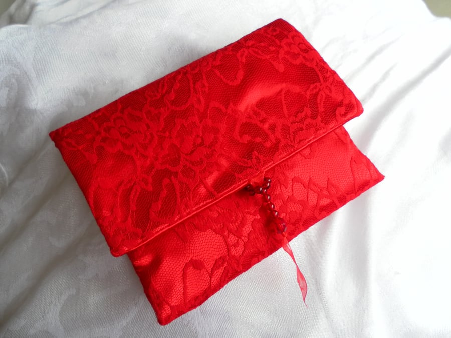Exclusive,  Red Lace over Satin Clutch, Handbag