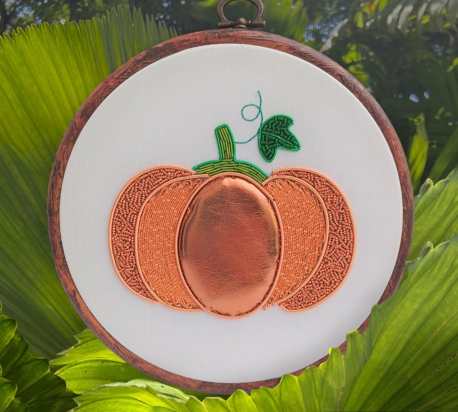 Goldwork Pumpkin Hand Embroidery Hoop, Pumpkin Embroidery Hoop, Halloween Embroi