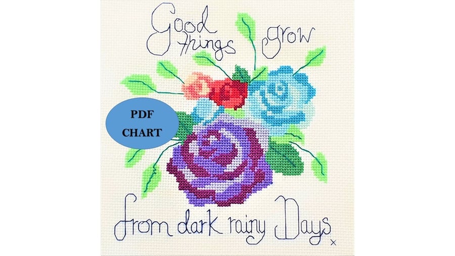 Roses floral bouquet with quote cross stitch digital Download PDF chart