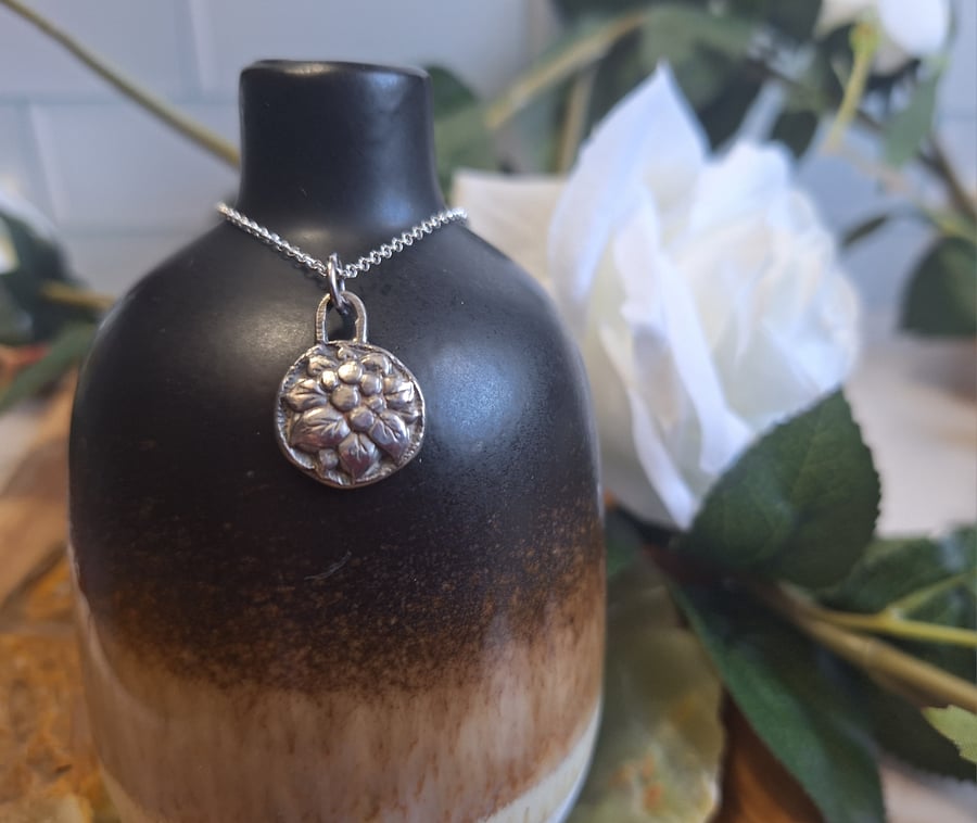 Floral Button Charm, Oxidised Fine Silver, Vintage, sewing gifts, sterling chain