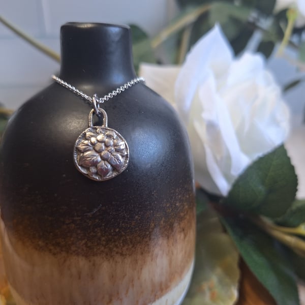 Floral Button Charm, Oxidised Fine Silver, Vintage, sewing gifts, sterling chain
