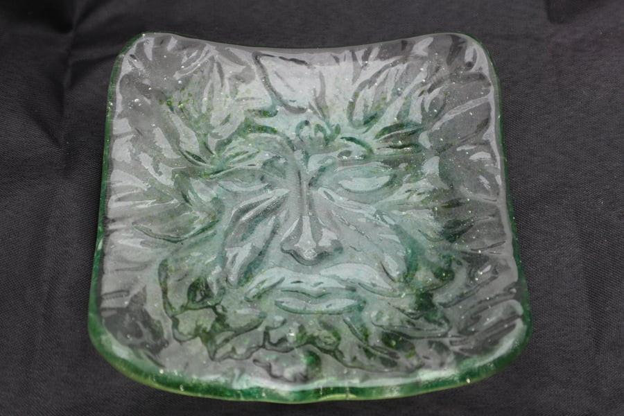 Handmade fused glass trinket bowl or soap dish - green man 