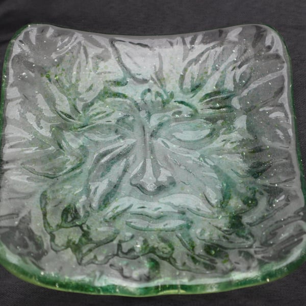 Handmade fused glass trinket bowl or soap dish - green man 