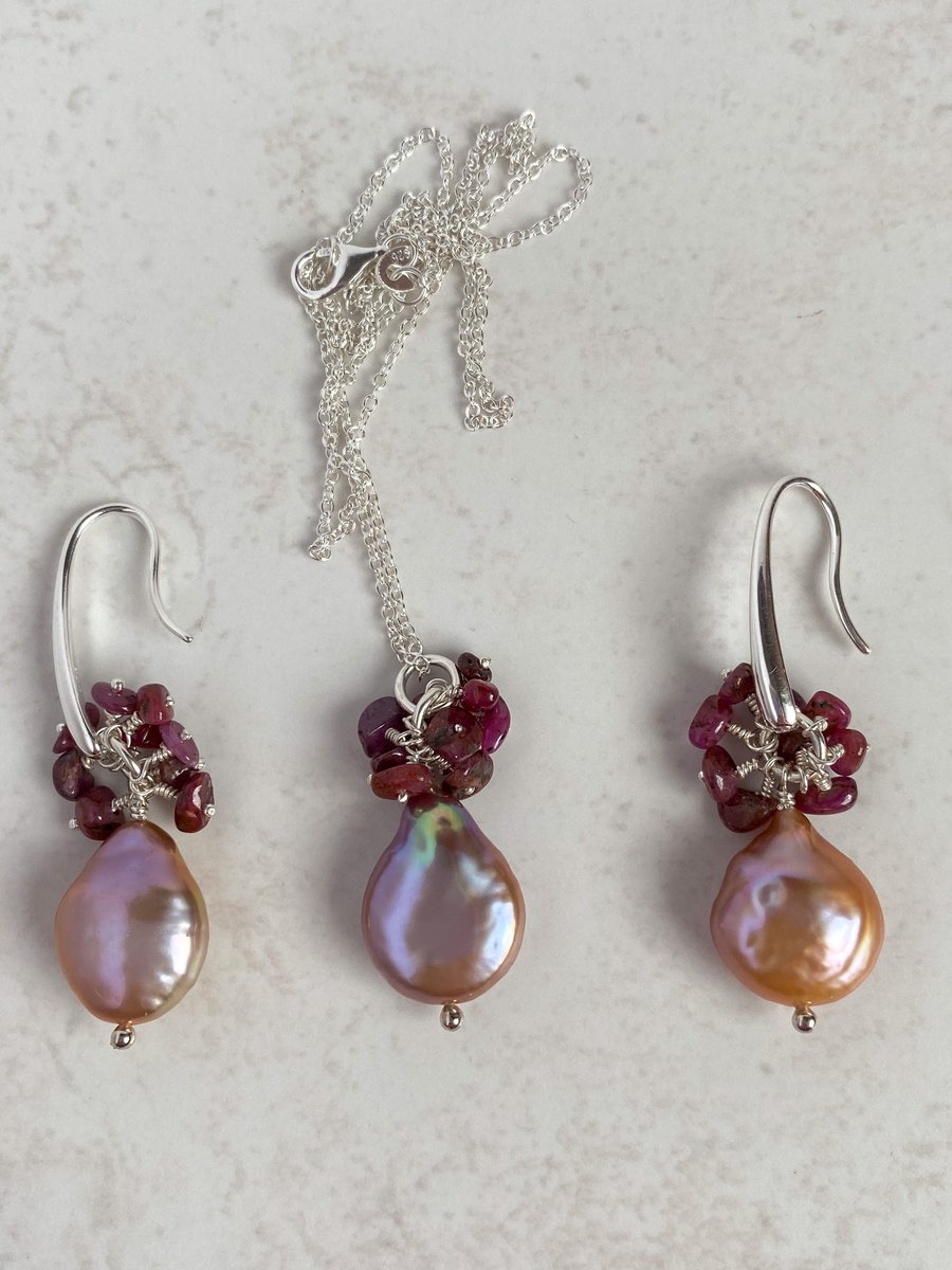 Pink pearl and ruby pendant and earrings set - made in Scotland. 