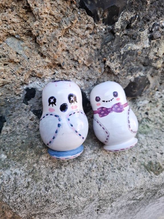 Pair of Spooky Ghosts! Painted OOAK Halloween Ghost Pencil Holders, Wooden Ghost
