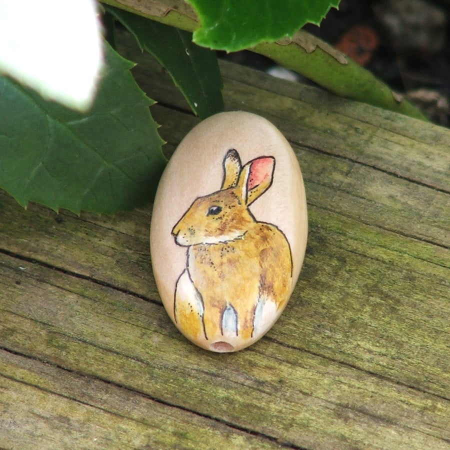 Hand painted wooden focal bead - Rabbit, 35 x 20mm