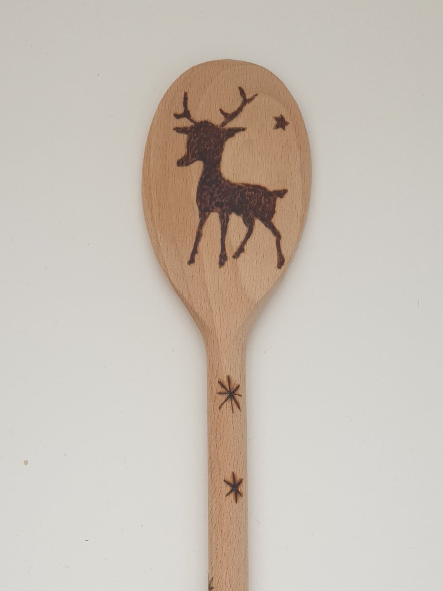 Christmas wooden spoon pyrography, Reindeer and snowflakes design 