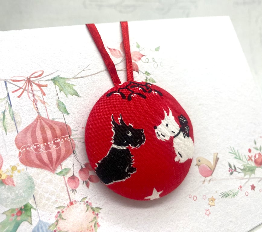 Cute retro Scotty and Westie dogs under mistletoe large fabric button ornament