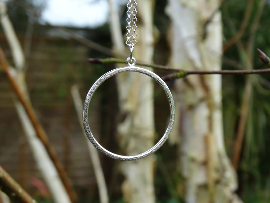 Large recycled silver textured frost hoop pendant on long chain