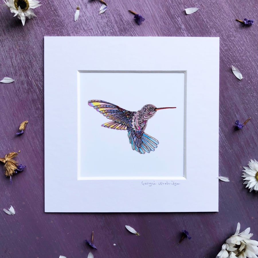 'Hummingbird' 5" x 5" Mounted Print