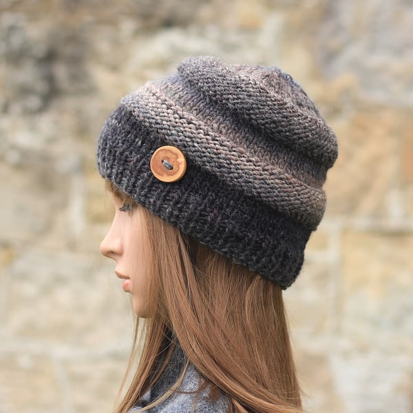HAT knitted dark brown mix, winter hat, beanie, womens gift, UK