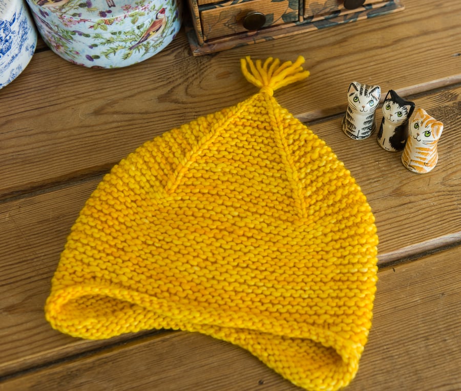 Pixie baby hat, hand knit in a bright, happy yellow - perfect new baby gift