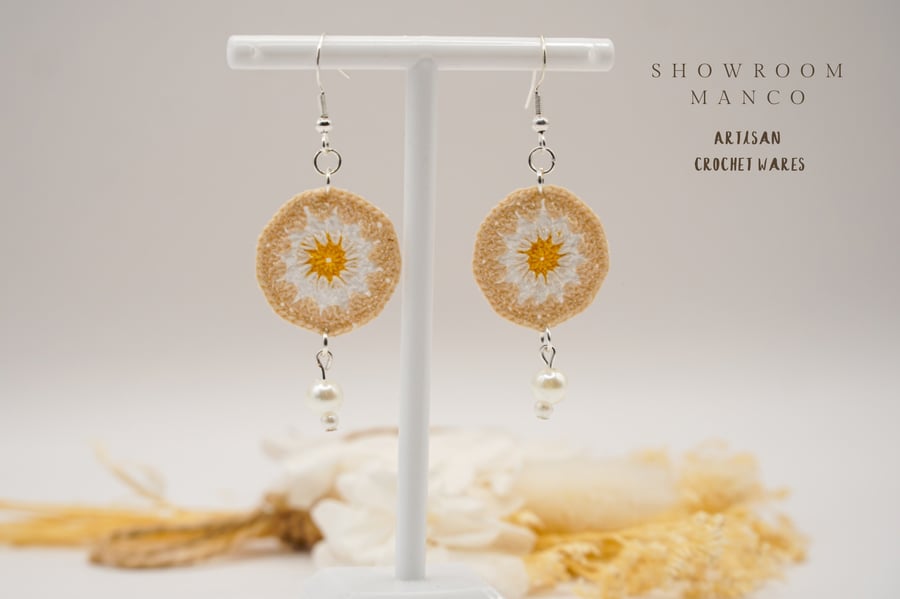 Beige crochet drop earrings, round earrings, floral motif, Mother’s Day gift