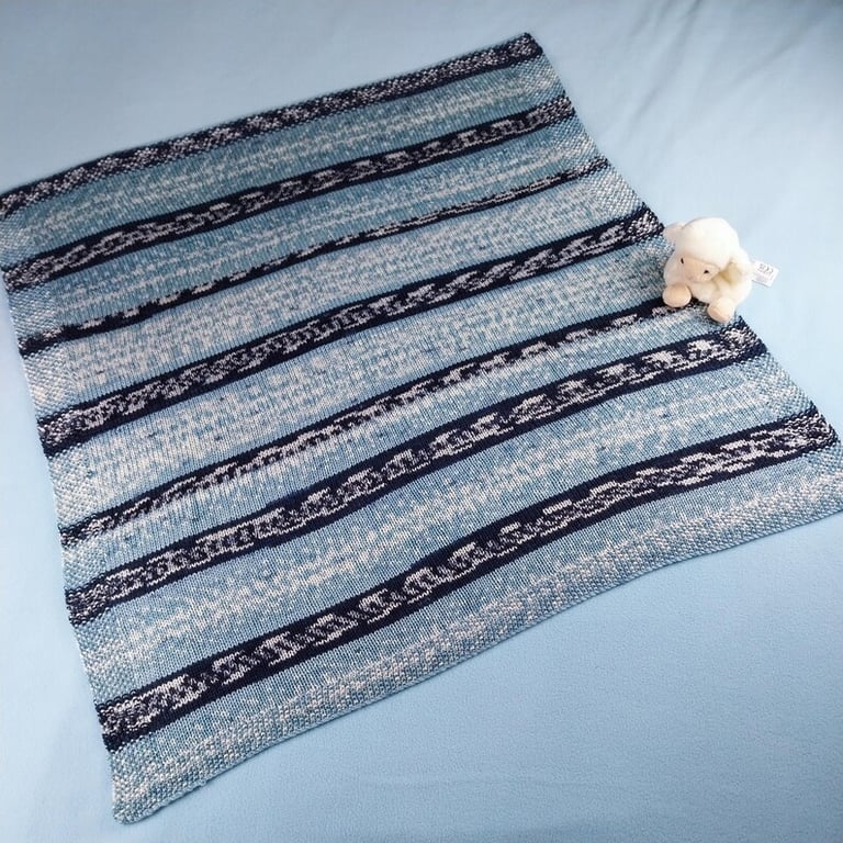 Hand Knitted Blue Baby Blanket - Fair Isle Inspired Pram Blanket