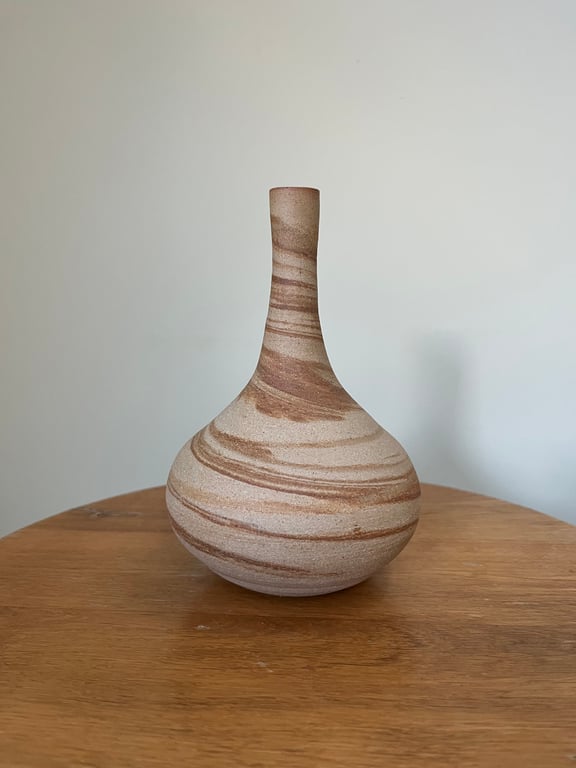Handmade buff clay bud vase with natural iron swirls 
